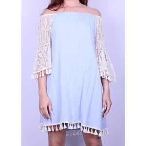 Southern Stitch Blue Crochet Lace Bell Sleeve Tassel Off the Shoulder Dress XXXL